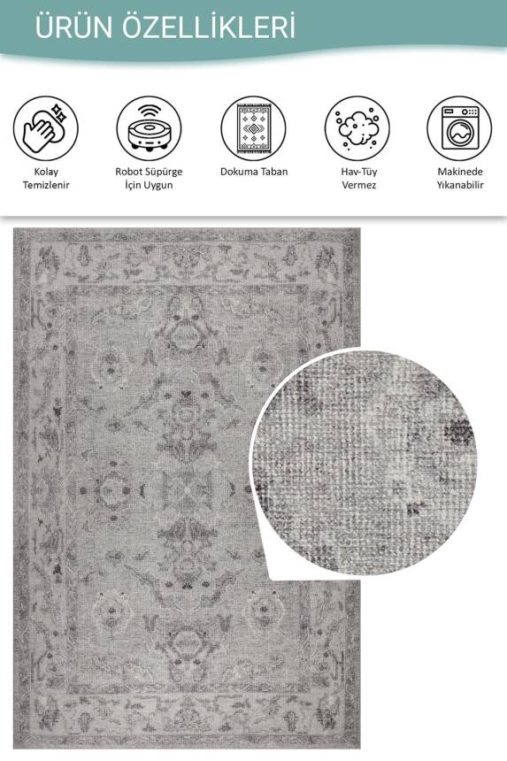 75x230 Relic Gri Vintage Dokulu Klasik Desenli Dokuma Tabanlı Şönil Halı AL-509 - 4