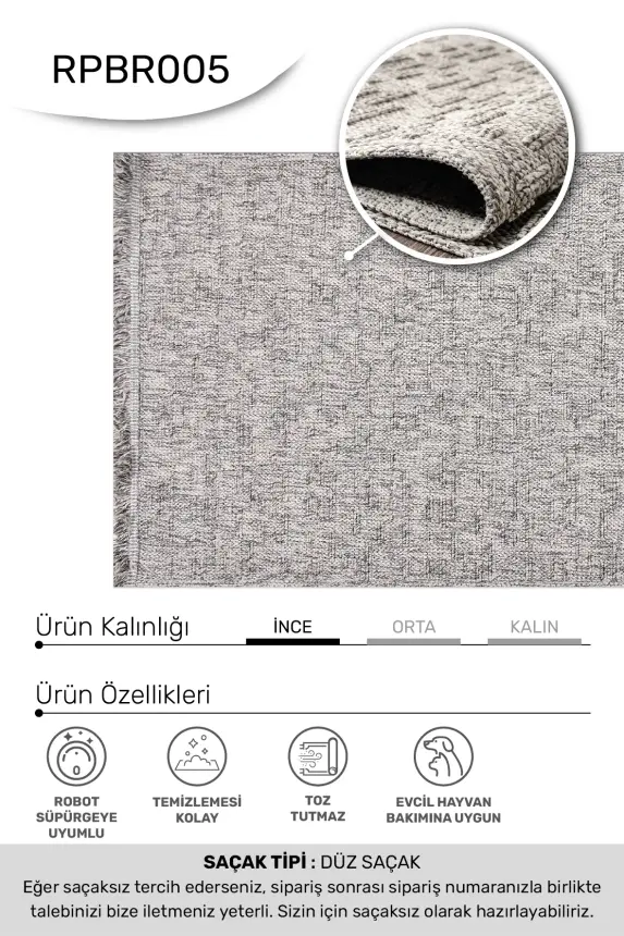 Armoni Gri Kaydırmaz Taban Robot Süpürgeye Uyumlu Kolay Temizlenebilir Mutfak, Koridor Halısı RP 76 - 7