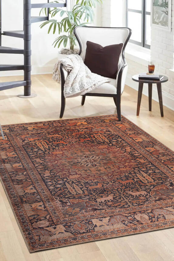 Blues Vintage Desenli Dokuma Taban Dekoratif Kahverengi Halı AL 425 - 1