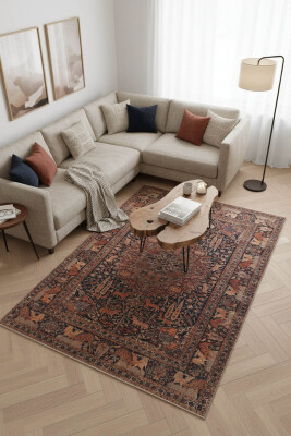 Blues Vintage Desenli Dokuma Taban Dekoratif Kahverengi Halı AL 425 - 1