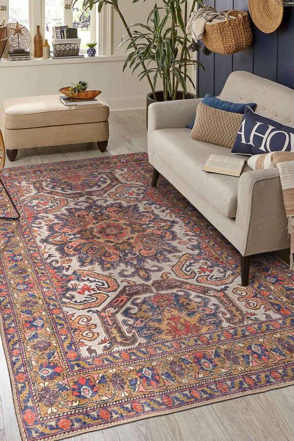 Blues Vintage Desenli Dokuma Taban Dekoratif Renkli Halı AL 430 - 1