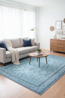 Dorian Eskitme Desenli Dokuma Taban Dekoratif Mavi Halı AL 28 - Artloop