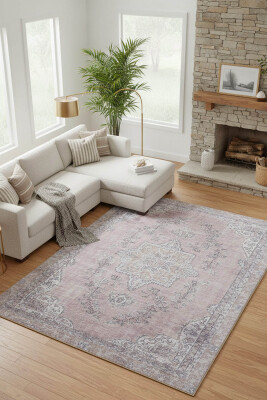 Dorian Eskitme Desenli Dokuma Taban Dekoratif Pembe / Pudra Halı AL 91 - Artloop