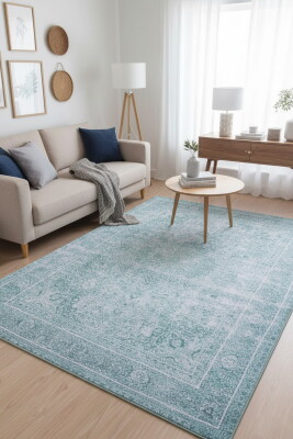 Dorian Eskitme Desenli Dokuma Taban Dekoratif Yeşil Halı AL 44 - Artloop