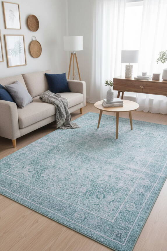 Dorian Eskitme Desenli Dokuma Taban Dekoratif Yeşil Halı AL 44 - 1