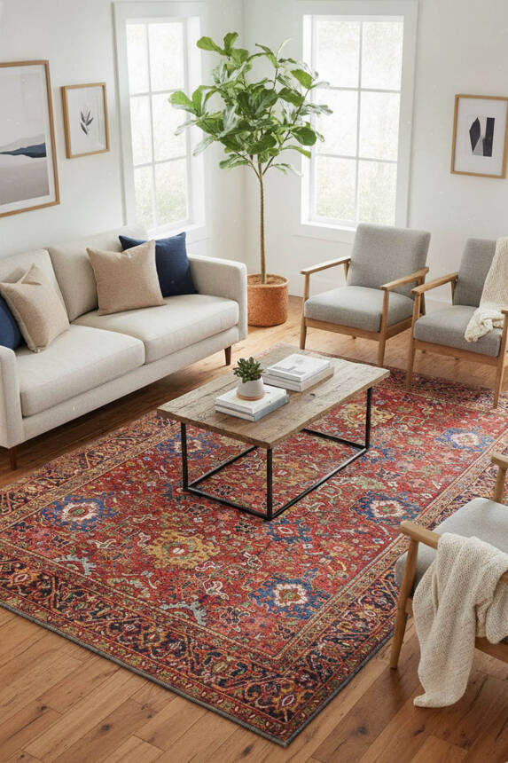 Soul Etnik Desenli Dokuma Taban Dekoratif Kırmızı Halı AL 181 - 1