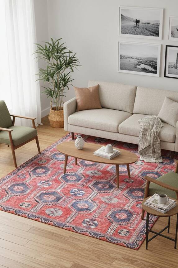 Soul Etnik Desenli Dokuma Taban Dekoratif Kırmızı Halı AL 355 - 1