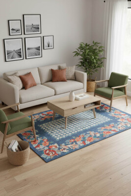 Soul Etnik Karabağ Desenli Dokuma Taban Dekoratif Mavi Halı AL 324 - Artloop