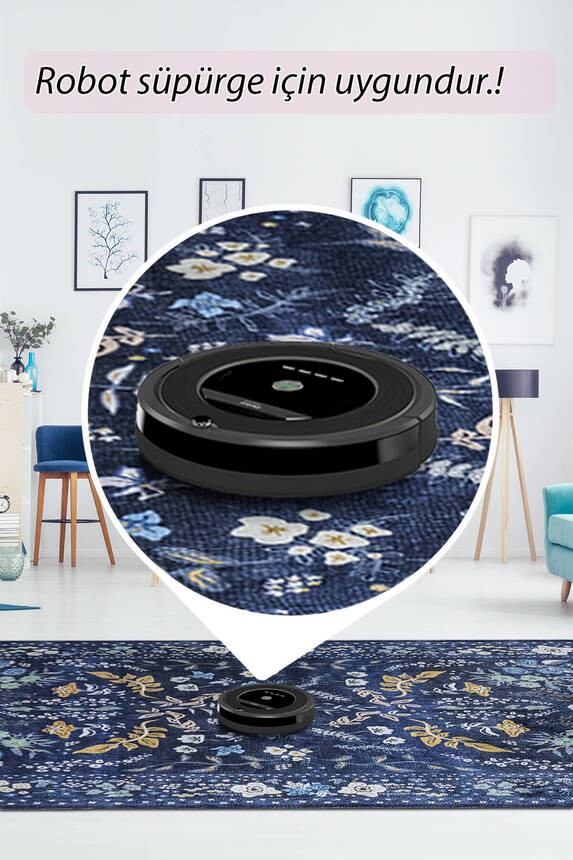 Artloop Fuga Yumuşak Dokulu Lacivert Çiçekli Modern Desenli Halı KA 05 - 6