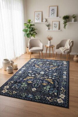 Artloop Fuga Yumuşak Dokulu Lacivert Çiçekli Modern Desenli Halı KA 05 - Artloop