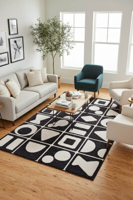 Artloop Fuga Yumuşak Dokulu Siyah/Beyaz Modern Desenli Halı KA 22 - 1