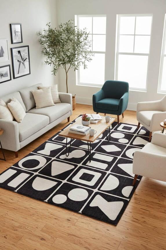 Artloop Fuga Yumuşak Dokulu Siyah/Beyaz Modern Desenli Halı KA 22 - 1
