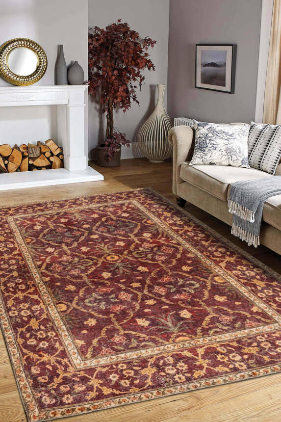 Artloop Fuga Yumuşak Dokulu Bordo Vintage Desenli Halı KA 48 - 1
