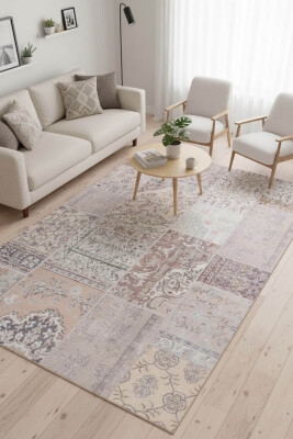 Jazz Patchwork Desenli Dokuma Taban Dekoratif Bej Halı AL 420 - 1