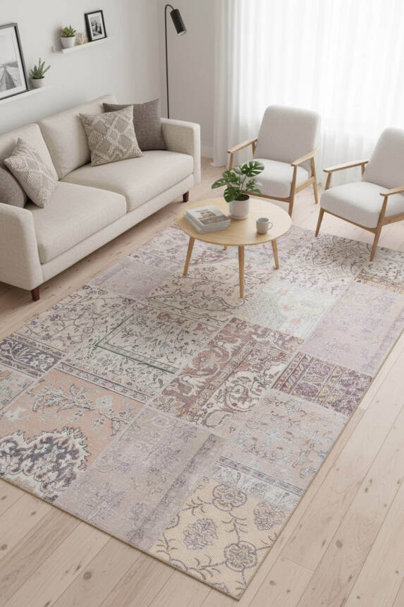 Jazz Patchwork Desenli Dokuma Taban Dekoratif Bej Halı AL 420 - 1