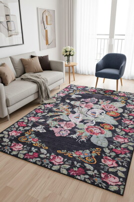 Soul Etnik Karabağ Desenli Dokuma Taban Dekoratif Siyah Halı AL 86 - Artloop