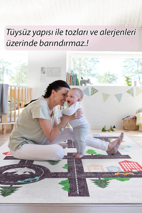 Minor Dokuma Taban Dekoratif Beyaz Arabalı Çocuk Halısı AL 407 - 8