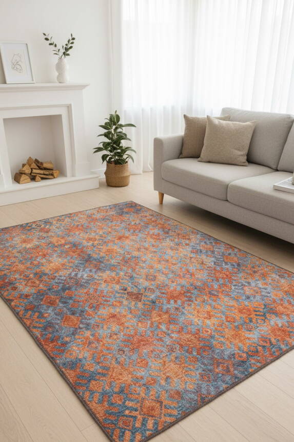 Funk Dokuma Taban Dekoratif Modern Turuncu / Mavi Halı AL 06 - 1