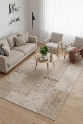 Jazz Patchwork Desenli Dokuma Taban Dekoratif Bej Halı AL 15 - Artloop