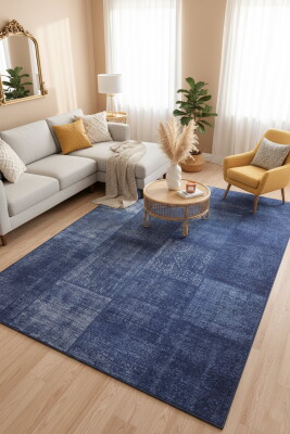 Jazz Patchwork Desenli Dokuma Taban Dekoratif Lacivert Halı AL 63 - Artloop