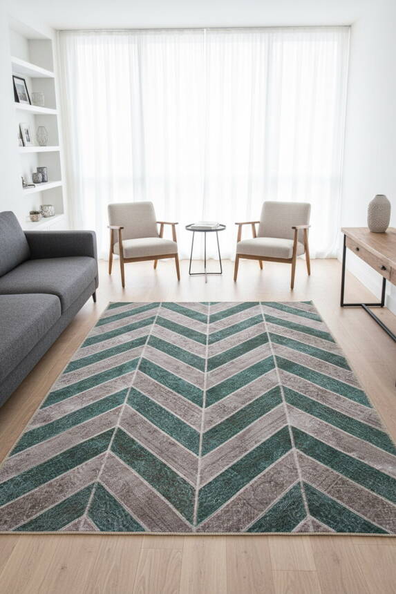 Jazz Patchwork Desenli Dokuma Taban Dekoratif Yeşil Halı AL 49 - 1