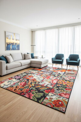 Jazz Patchwork Karabağ Desenli Dokuma Taban Dekoratif Siyah Halı AL 153 - Artloop