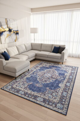 Blues Vintage Desenli Dokuma Taban Dekoratif Lacivert Halı AL 249 - Artloop