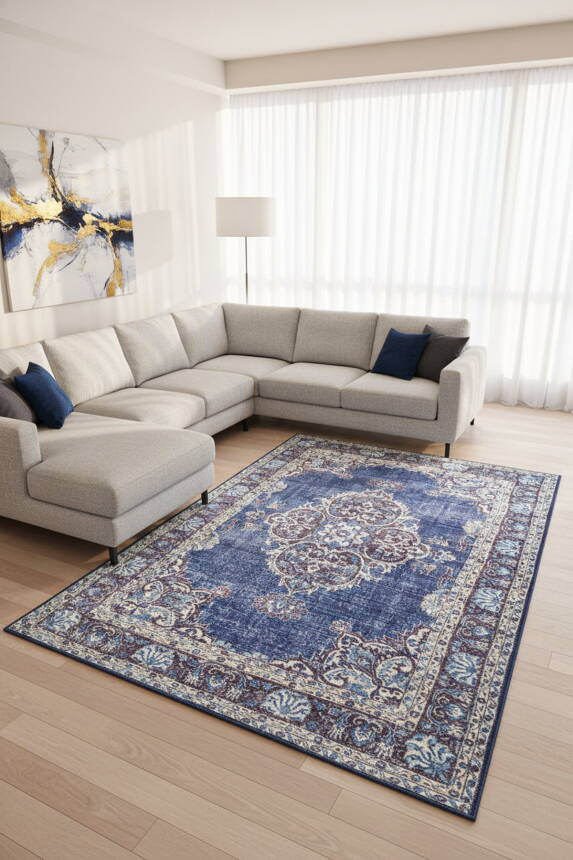 Blues Vintage Desenli Dokuma Taban Dekoratif Lacivert Halı AL 249 - 1