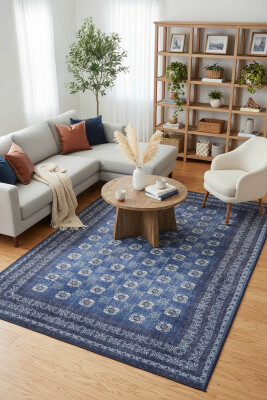 Blues Vintage Desenli Dokuma Taban Dekoratif Lacivert Halı AL 277 - 1