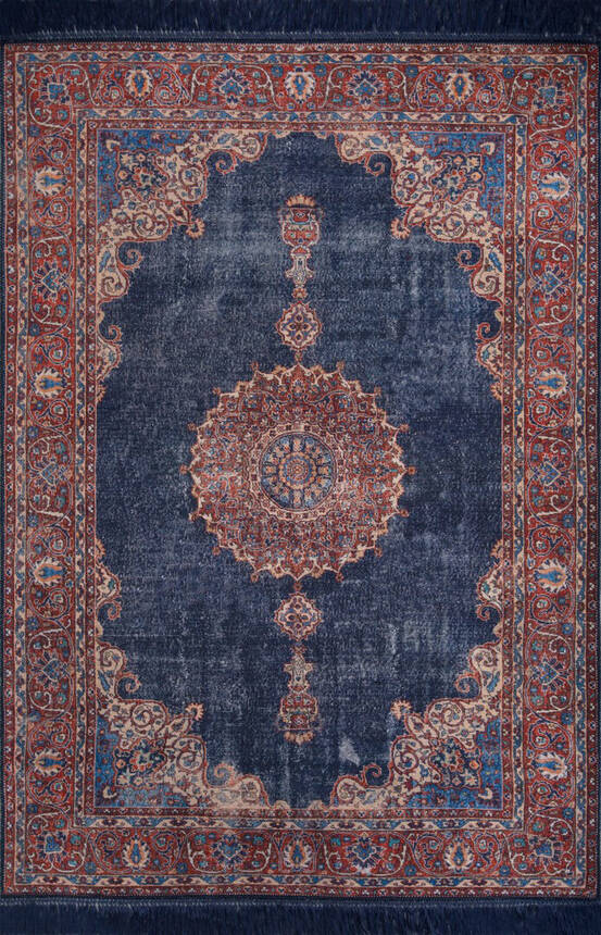 Blues Vintage Desenli Dokuma Taban Dekoratif Lacivert Halı AL 87 - 1
