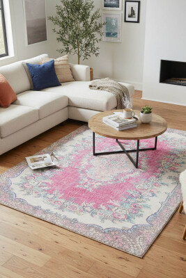 Blues Vintage Desenli Dokuma Taban Dekoratif Pembe Halı AL 250 - Artloop