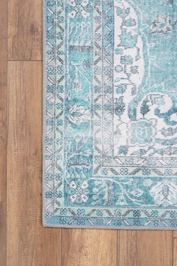 Blues Vintage Desenli Dokuma Taban Dekoratif Yeşil Halı AL 158 - 2