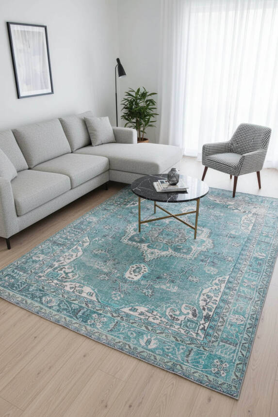 Blues Vintage Desenli Dokuma Taban Dekoratif Yeşil Halı AL 158 - 1