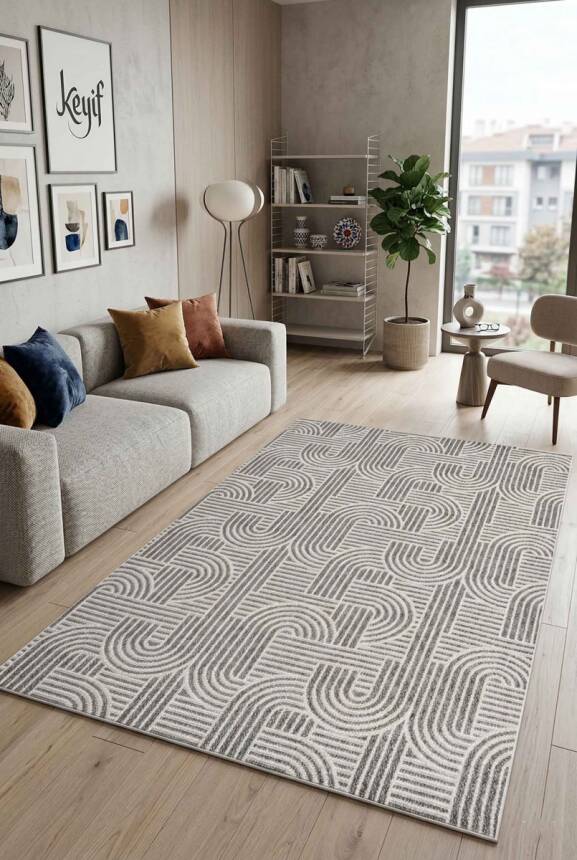 Dize Gri Beyaz Kaydırmaz Taban, Robot Süpürgeye Uyumlu Kolay Temizlenebilir Mutfak, Koridor Halısı RP 87 - 1