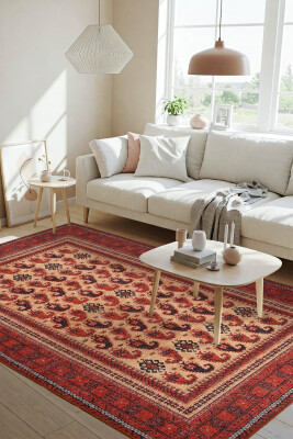 Dorian 150x230 Eskitme Vintage Desenli Otantik Yıkanabilir Kırmızı Şönil Halı AL-441 - Artloop