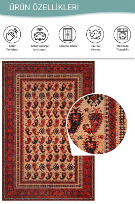 Dorian 150x230 Eskitme Vintage Desenli Otantik Yıkanabilir Kırmızı Şönil Halı AL-441 - 4