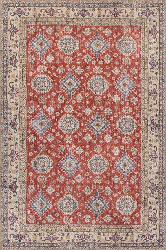 Dorian Kırmızı Vintage Etnik Geometrik Desenli Dokuma Tabanlı Şönil Halı AL 592 - 1