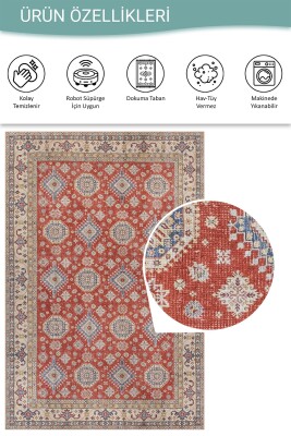 Dorian Kırmızı Vintage Etnik Geometrik Desenli Dokuma Tabanlı Şönil Halı AL 592 - 5