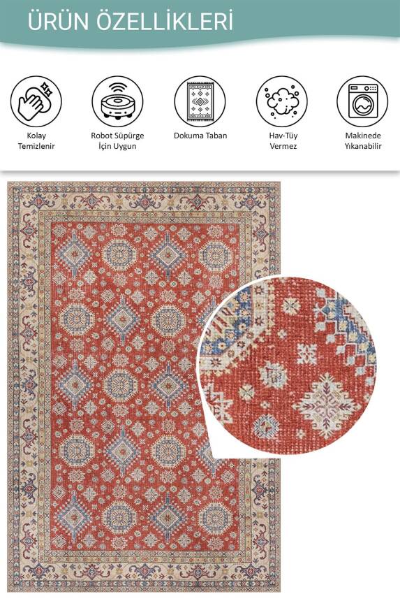 Dorian Kırmızı Vintage Etnik Geometrik Desenli Dokuma Tabanlı Şönil Halı AL 592 - 5