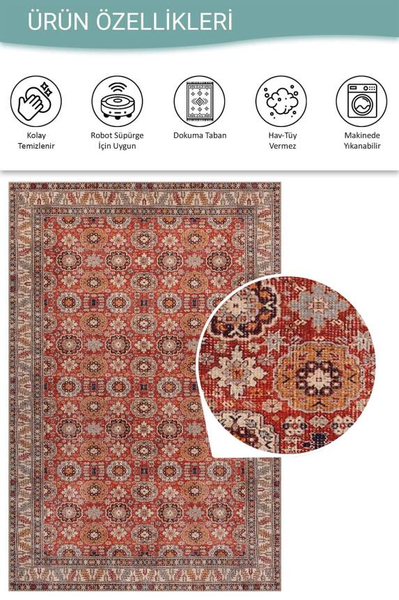 Dorian Kırmızı Vintage Etnik Madalyonlu Klasik Desenli Dokuma Tabanlı Şönil Halı AL 587 - 5