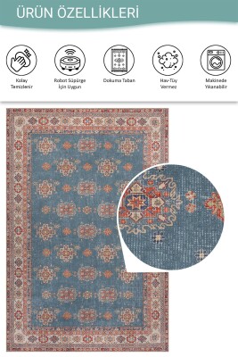 Dorian Mavi Vintage Etnik Klasik Desenli Dokuma Tabanlı Şönil Halı AL 588 - 5