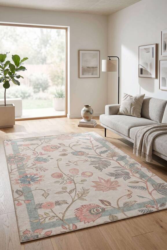 Florart Bej Çiçek Desenli Dokuma Tabanlı Modern Şönil Halı AL 533 - 1