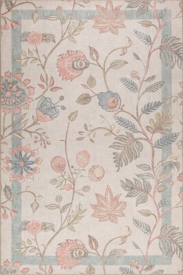 Florart Bej Çiçek Desenli Dokuma Tabanlı Modern Şönil Halı AL 533 - 2