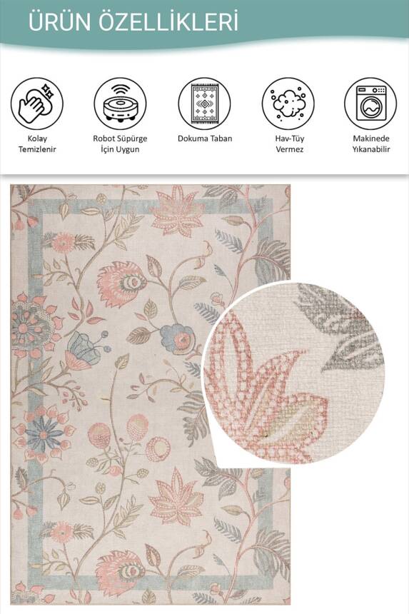 Florart Bej Çiçek Desenli Dokuma Tabanlı Modern Şönil Halı AL 533 - 5