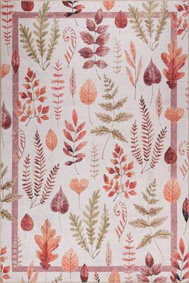 Florart Bej/ Kiremit Renkli Çiçek Desenli Dokuma Tabanlı Modern Şönil Halı AL 536 - 2