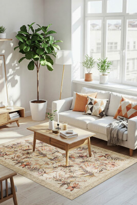 Florart Bej / Mor Vintage Dokulu Çiçek Desenli Dokuma Tabanlı Şönil Halı AL 469 - 1