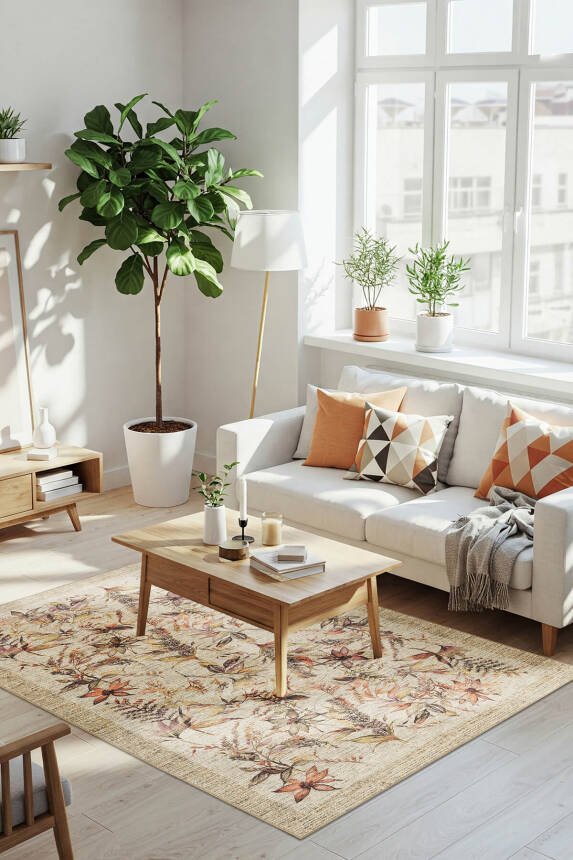 Florart Bej / Mor Vintage Dokulu Çiçek Desenli Dokuma Tabanlı Şönil Halı AL 469 - 1
