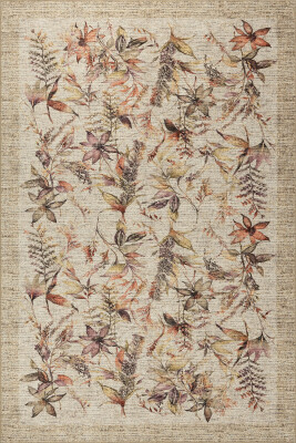 Florart Bej / Mor Vintage Dokulu Çiçek Desenli Dokuma Tabanlı Şönil Halı AL 469 - 2