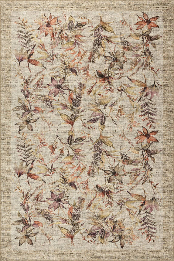Florart Bej / Mor Vintage Dokulu Çiçek Desenli Dokuma Tabanlı Şönil Halı AL 469 - 2
