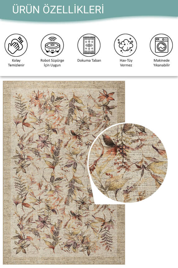 Florart Bej / Mor Vintage Dokulu Çiçek Desenli Dokuma Tabanlı Şönil Halı AL 469 - 4
